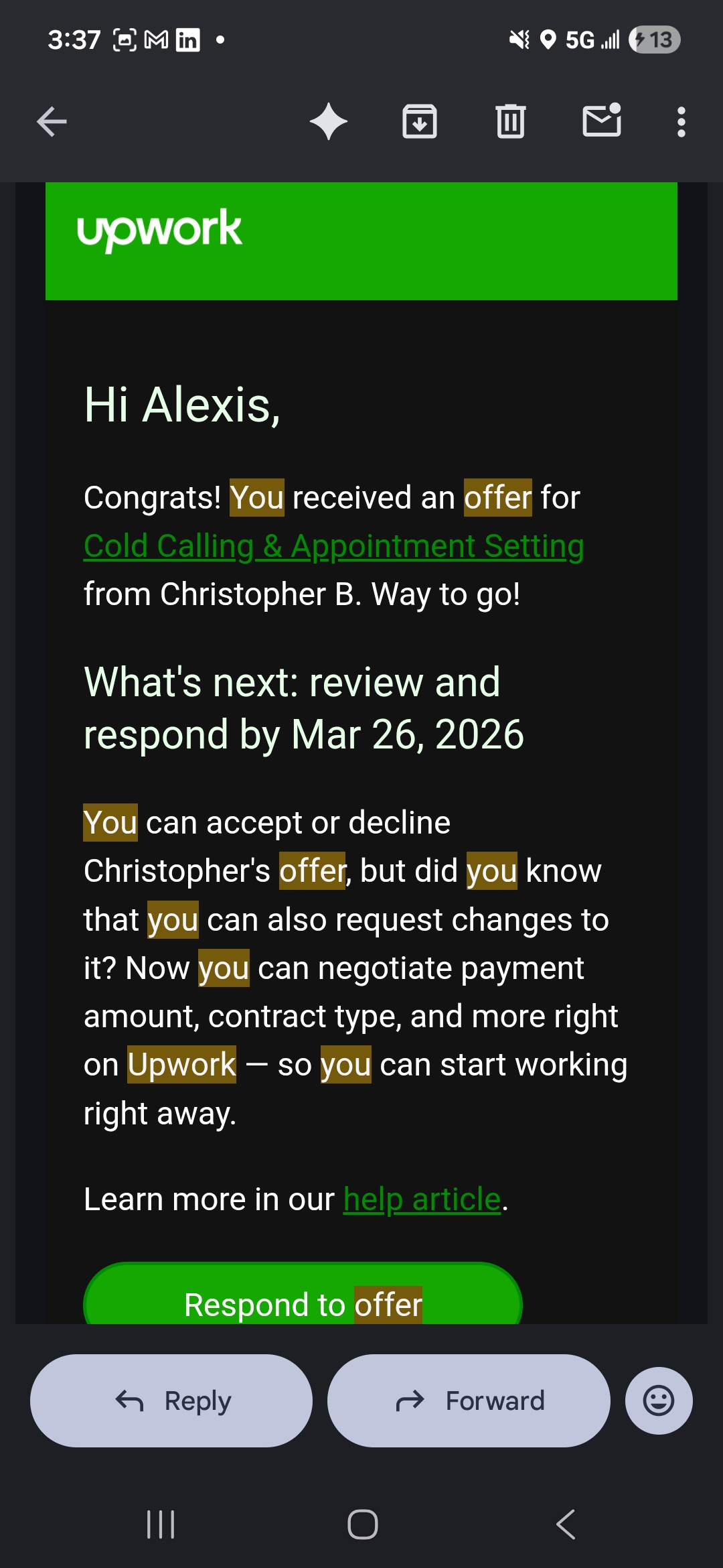 Offer received proof screenshot