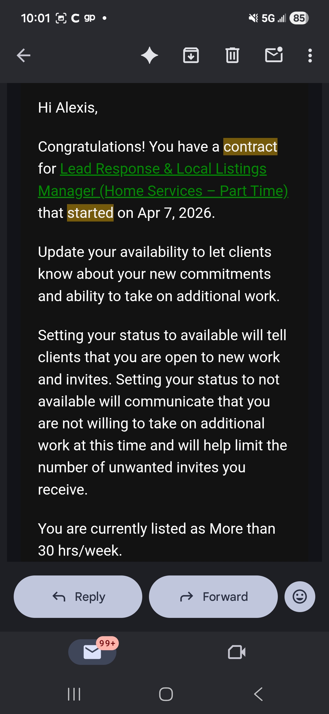 Contract started proof screenshot